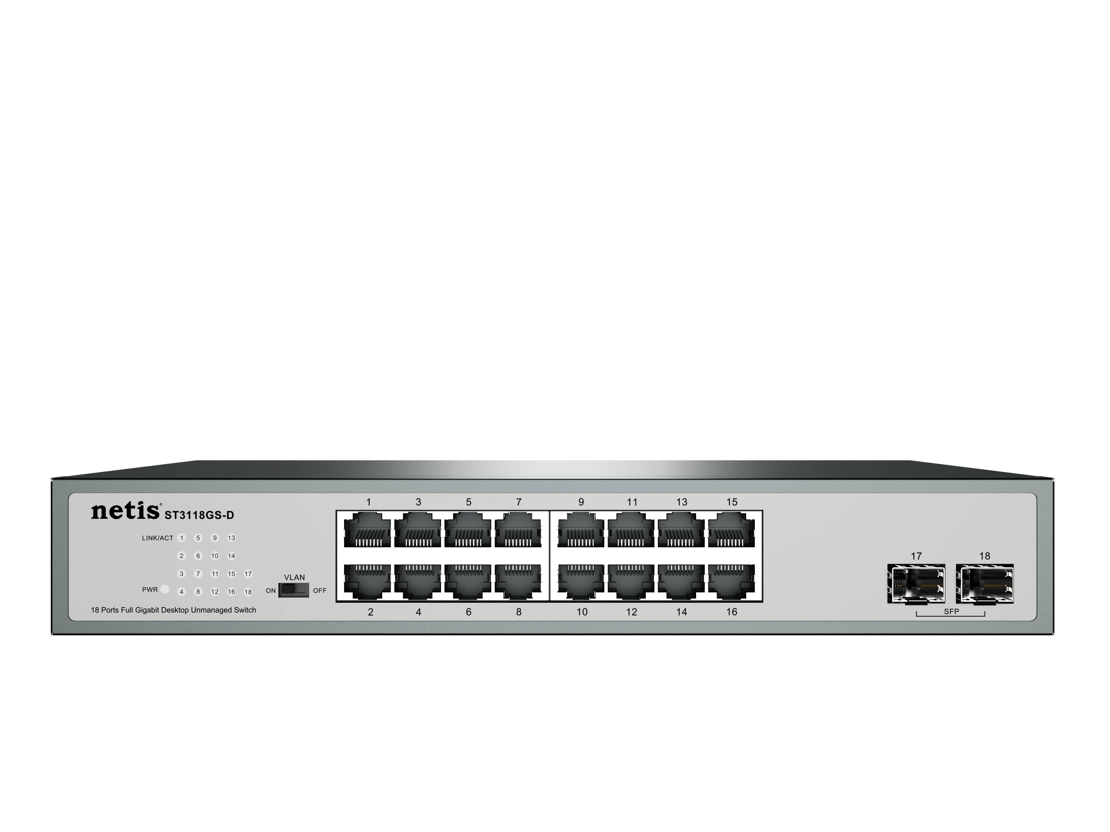Switch NETIS modelo ST3118GS-D - 16 Puertos y 2 Puertos SFP Gigabit, montable en rack, No administrable Switch NETIS modelo ST3118GS-D - 16 Puertos y 2 Puertos SFP Gigabit, montable en rack, No administrable